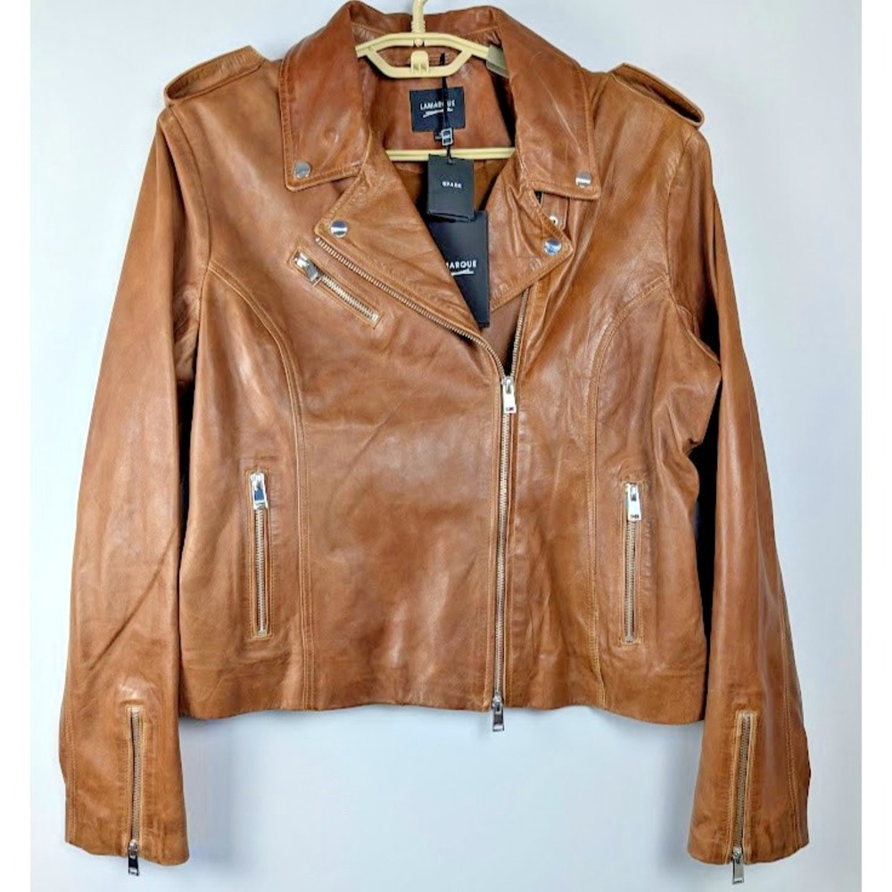 Lamarque Tan Leather Moto Jacket